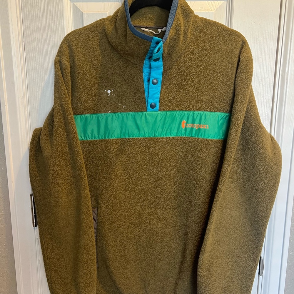 Cotopaxi Men's Olive and Aqua Performance Jacket.